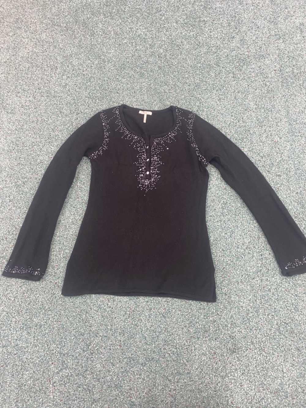 Women's Black Long-Sleeve Embellished Henley Top